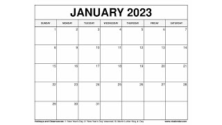 Printable January 2023 Calendar Templates with Holidays  VL Calendar [upl. by Buyers]