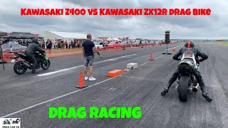 Kawasaki ZX12R drag bike vs Kawasaki Z400 motorcycle drag racing 14 mile 🚦🚗  4K UHD [upl. by Mullane314]