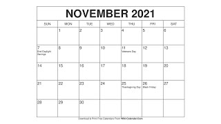 Printable November 2021 Calendar Templates with Holidays  Wiki Calendar [upl. by Airt]