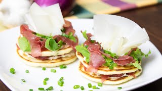 Video ricetta mini pancakes salati con bresaola robiola rucola e Raspadura Bella Lodi [upl. by Aydan]