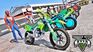 MOTOS com Homem Aranha e Heróis Motos na Rampa GTA V Mods  IR GAMES [upl. by Kirven]