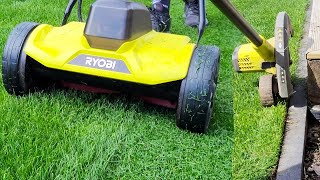 18mm Ryegrass Lawn Mow and Edge Quadruple cut Ryobi 18v Reel Mower and Blade Edger Satisfying Mow [upl. by Philpot]