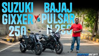 Suzuki Gixxer 250 vs Bajaj Pulsar N250  Best Budget 250cc Naked  MotorBeam [upl. by Gnouhc]