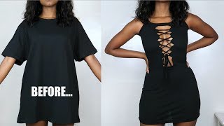 DIY Lace Up Bodycon Dress  TShirt Transformation [upl. by Reve738]