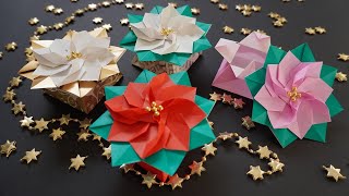 クリスマス折り紙 ポインセチアの箱 折り方 Origami Christmas Poinsettia box tutorial（NiceNo1） [upl. by Locke]