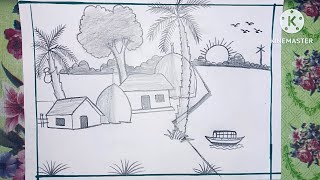 How to draw a very nice village scenery pencildrawing pencildrawing [upl. by Ahsirkal]