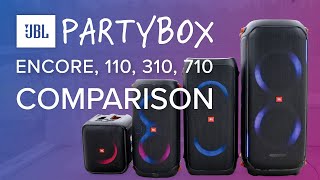 JBL PartyBox Speaker SHOWDOWN 💥 Encore Essential VS PartyBox 110 VS PartyBox 310 VS PartyBox 710 [upl. by Cutlerr]