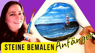 Ohne Übung ein Meerbild mit Leuchtturm auf einen Stein malen mit Acryl für Anfänger Step by Step [upl. by Zeus]