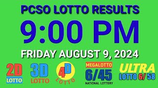 9pm Lotto Results Today August 9 2024 ez2 swertres 2d 3d pcso [upl. by Harikahs151]