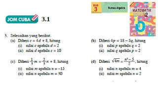 KSSM Matematik Tingkatan 2 Bab 3 rumus algebra jom cuba 31 no3 ad buku teks form2 [upl. by Halac417]