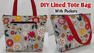 DIY TOTE BAG WITH POCKETS  Easy sewing tutorial  Cloth bags  Shopping bag cutting and stitching [upl. by Witcher]