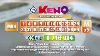 Tirage du midi Keno® du 25 novembre 2024  Résultat officiel  FDJ [upl. by Broddy119]