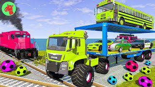 Double Flatbed Trailer Truck vs Speedbumps Train vs Cars  Tractor vs Train BeamngDrive [upl. by Ramu874]