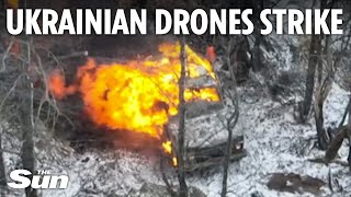 Ukrainian kamikaze drones blow up fleeing Russian camouflaged vehicle [upl. by Vesta]