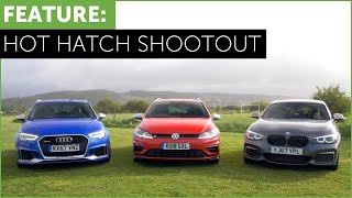 Hot Hatch Shootout  BMW M140i vs Audi RS3 vs VW Golf R w Tiff Needell Part 1 [upl. by Enyawed]