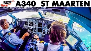 Fantastic Takeoff A340 from St Maarten  Cockpit Views [upl. by Aizirtap]