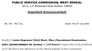 WBPSC JE CIVIL RESULT 2024 OFFICIAL ANNOUNCEMENT [upl. by Elsie]