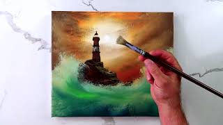 Step by step acrylic painting demonstration Lighthouse and Ocean Waves at Sunset [upl. by Occor523]