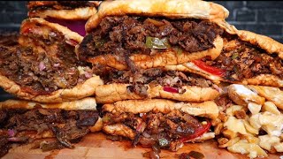 ASMR NO TALKING Philly Cheesesteaks Perogie Poutine and Cheese Burger Mukbang [upl. by Kondon140]