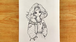 How to draw a cute anime girl with stylish outfit anime drawing girl drawing [upl. by Avah465]