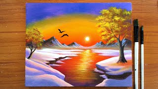 Cold Sunset Scene Painting on Canvas  Winter Painting for beginners [upl. by Lekar559]