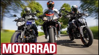 Aprilia Tuono 125 vs KTM 125 Duke vs Yamaha MT125 English Subtitles [upl. by Jelks]