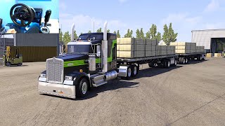 ATS 151  Kenworth W900 Straight Pipe Cat C15  Flatbed double trailer  4K [upl. by Jaco]