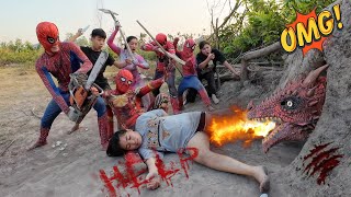 The brave SpiderMan squad uses chainsaws destroy the ferocious fire dragon to save the crazy girl [upl. by Obrien]