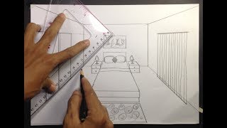 How to Draw a Simple Bedroom in One Point Perspective [upl. by Airtemad339]