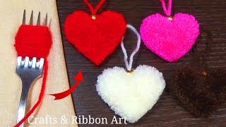 Easy Pom Pom Heart Making Idea with Fork  Amazing Valentines Day Crafts  How to Make Yarn Heart [upl. by Nrol]