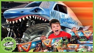 Dinosaurs amp Giant Trucks Monster Jam Adventure with Kids Surprise Toys amp Life Size Dinosaur Escape [upl. by Woodford]