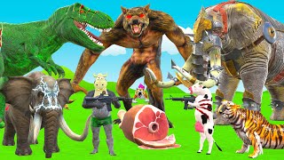 10 Mammoth Elephant Cow vs 10 Giant Wolf Tiger vs Zombie Dinosaur Animal Fight Cow Cartoon Rescue [upl. by Ilaire]