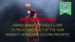 Watch PRCA Award Winning Barrelman John Harrison with his horse Snoopy at Midwest Horse Fair 2023 [upl. by Ahsaten]