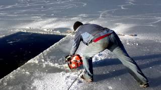 Cutting ice chainsaw Husqvarna 562 XP  cutting blocks [upl. by Kaazi]