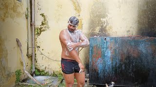 Asian wrestler Ahmad pehalwan bathing in tank desifitness [upl. by Yrollam]