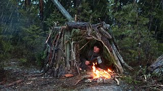 Caught in a Storm 3 Day Solo Bushcraft  Building Shelter amp Camping in Heavy Rain [upl. by Ulla]