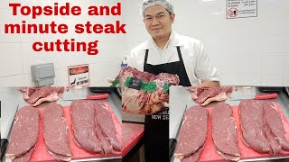 How to cut topside steak and minute steak into machine by butchersnad [upl. by Gruber]