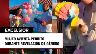 Mujer avienta perrito durante revelación de género [upl. by Ybrik]