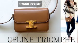 CELINE TRIOMPHE BAG  1 year review  still WORTH IT Wear and tear  what fits celine handbags [upl. by Decato]