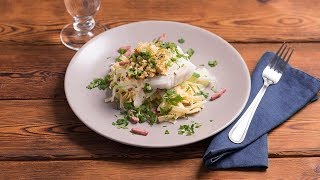 Recette de tagliatelli au cabillaud chou blanc et lardons [upl. by Let]