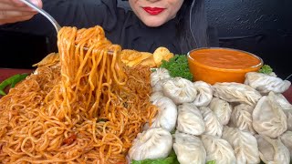 ASMR EATING SPICY NOODLESCHICKEN MOMOVEG MOMOLAYS CHIPS FOODVIDEOS [upl. by Erasaec]