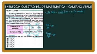 ENEM 2024 Questão 161 Função Afim no Cálculo do Custo de Produção de Mochilas [upl. by Susette838]