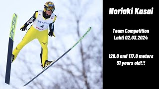 Noriaki Kasai 🇯🇵 1200 m amp 1170 m  Team Competition Lahti 🇫🇮 02032024  51 years old 😳 [upl. by Relyuc]