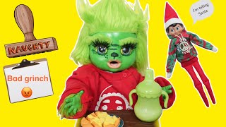 Baby Alive Grinch doll Morning Routine with the Elf on the Shelf [upl. by Assej]