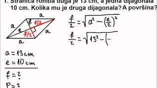 Primjena Pitagorinog poučka na romb 03  računamo dijagonalu i površinu romba [upl. by Sethi]