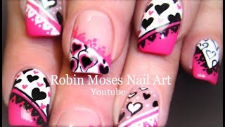 Best Valentine Nails  Pink Black amp White Hearts mixed Nail Art Designs [upl. by Ynabe128]