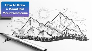 Fineliner Pen Drawing Example  Mountain Landscape with Variable Width Tips [upl. by Ettennat813]