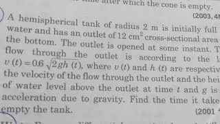 hemispherical tank of radius 2 m initially full of water and has an outlet of 12 cm²  IIT QSN 2001 [upl. by Siro66]