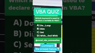 VBA Quiz Keyword to use to declare a variable in VBA shortsvideo [upl. by Oal]