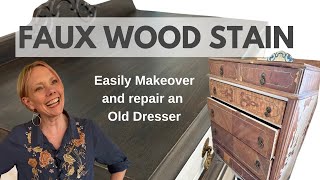 Faux Wood Stain That Looks Like Real Wood on a Dresser  How to Makeover and Repair an Old Dresser [upl. by Anabella]